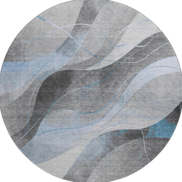 HomeRoots 8' Sky Blue Gray Silver Abstract Round Rug - Washable, UV Protected, Durable for High Traffic Areas 696605