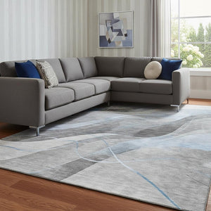 HomeRoots 8' X 10' Sky Blue Gray Silver Abstract Area Rug - Washable, UV-Protected, Durable, Modern Design 696606