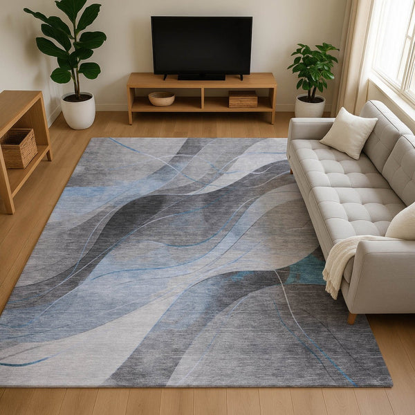 HomeRoots 8' X 10' Sky Blue Gray Silver Abstract Area Rug - Washable, UV-Protected, Durable, Modern Design 696606