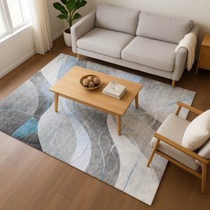 HomeRoots 8' X 10' Sky Blue Gray Silver Abstract Area Rug - Washable, UV-Protected, Durable, Modern Design 696606