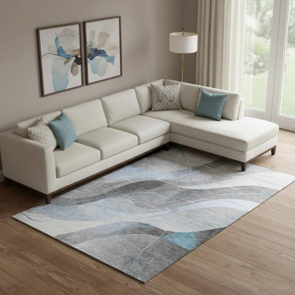 HomeRoots 9' X 12' Sky Blue Gray Silver Abstract Area Rug - Durable, Washable, UV Protected & Non-Slip Design 696607