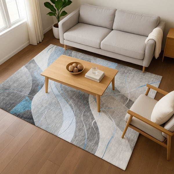 HomeRoots 9' X 12' Sky Blue Gray Silver Abstract Area Rug - Durable, Washable, UV Protected & Non-Slip Design 696607