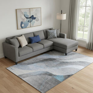 HomeRoots 10' Abstract Washable Area Rug in Sky Blue, Gray & Silver - UV Protected, Non-Slip for Family Spaces 696608