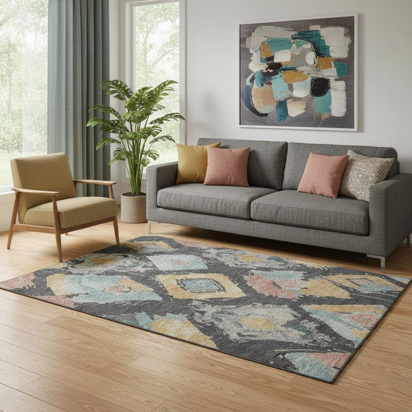 HomeRoots 5' X 8' Modern Charcoal Gold Coral Abstract Geometric Area Rug - Washable, UV Protected & Stylish! 696610