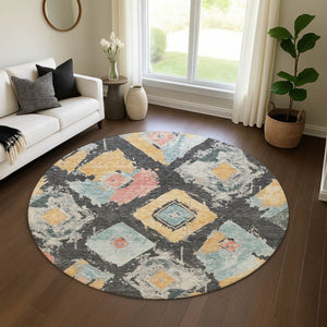 HomeRoots 8' Charcoal Gold Coral Abstract Geometric Round Rug - Washable, UV Protected, Durable Design for Style 696611