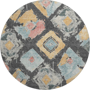 HomeRoots 8' Charcoal Gold Coral Abstract Geometric Round Rug - Washable, UV Protected, Durable Design for Style 696611