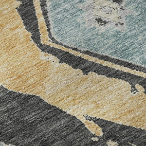 HomeRoots 8' Charcoal Gold Coral Abstract Geometric Round Rug - Washable, UV Protected, Durable Design for Style 696611