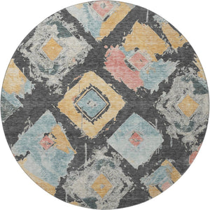 HomeRoots 8' Charcoal Gold Coral Abstract Geometric Round Rug - Washable, UV Protected, Durable Design for Style 696611