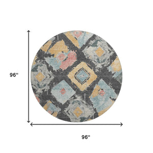 HomeRoots 8' Charcoal Gold Coral Abstract Geometric Round Rug - Washable, UV Protected, Durable Design for Style 696611