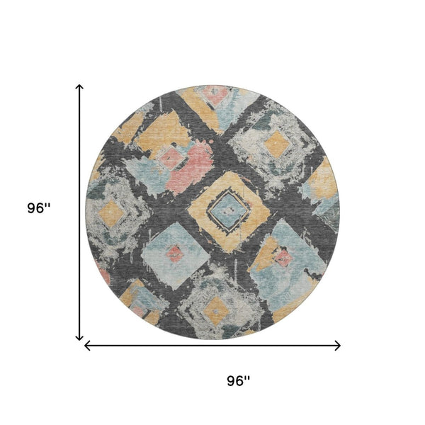 HomeRoots 8' Charcoal Gold Coral Abstract Geometric Round Rug - Washable, UV Protected, Durable Design for Style 696611