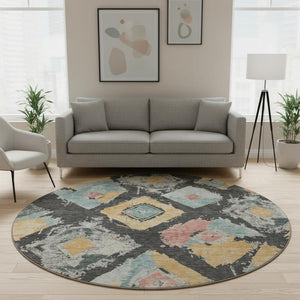 HomeRoots 8' Charcoal Gold Coral Abstract Geometric Round Rug - Washable, UV Protected, Durable Design for Style 696611