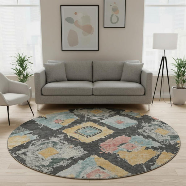 HomeRoots 8' Charcoal Gold Coral Abstract Geometric Round Rug - Washable, UV Protected, Durable Design for Style 696611