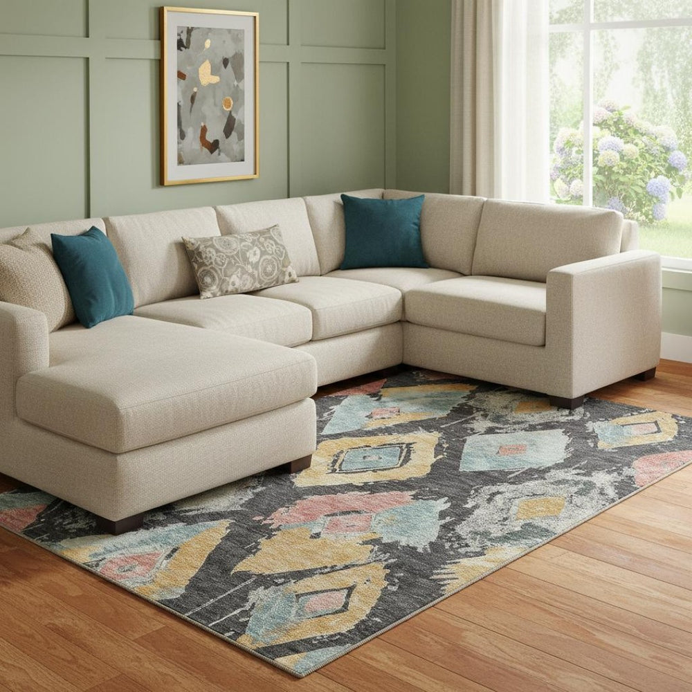 HomeRoots 8' X 10' Charcoal Gold Coral Abstract Geometric Washable Area Rug with Non-Slip Backing & UV Protection 696612