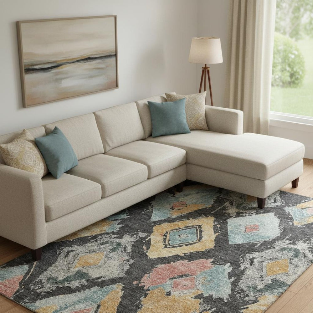 HomeRoots 9' X 12' Charcoal Gold Coral Area Rug - Abstract Geometric, Washable, UV Protected for High-Traffic Homes 696613