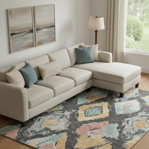 HomeRoots 10' X 14' Charcoal Gold Coral Abstract Geometric Washable Area Rug – UV Protected, Stain Resistant! 696614