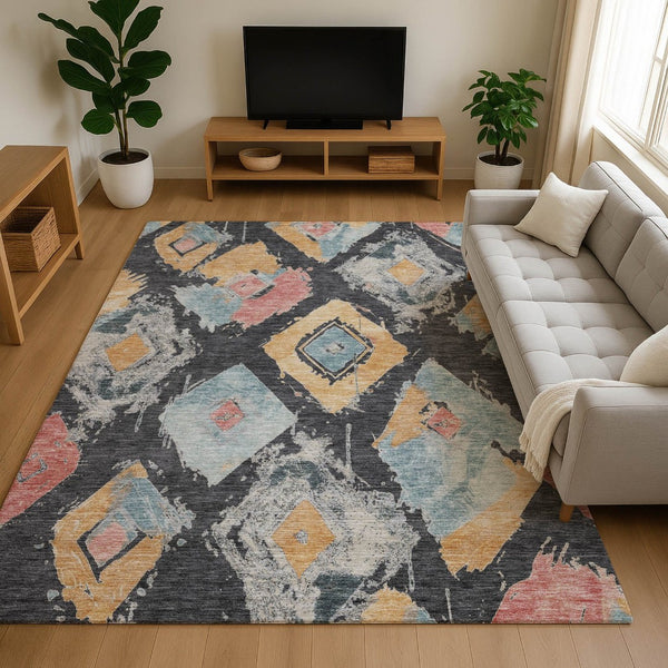 HomeRoots 10' X 14' Charcoal Gold Coral Abstract Geometric Washable Area Rug – UV Protected, Stain Resistant! 696614