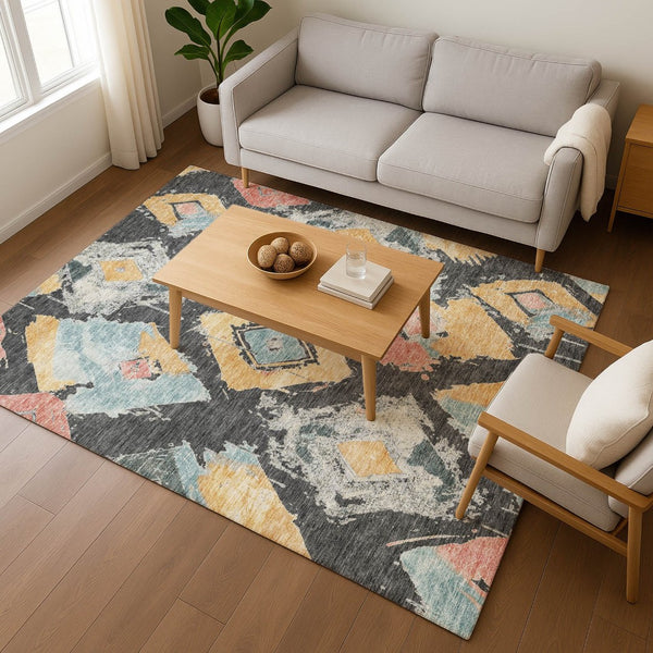 HomeRoots 10' X 14' Charcoal Gold Coral Abstract Geometric Washable Area Rug – UV Protected, Stain Resistant! 696614