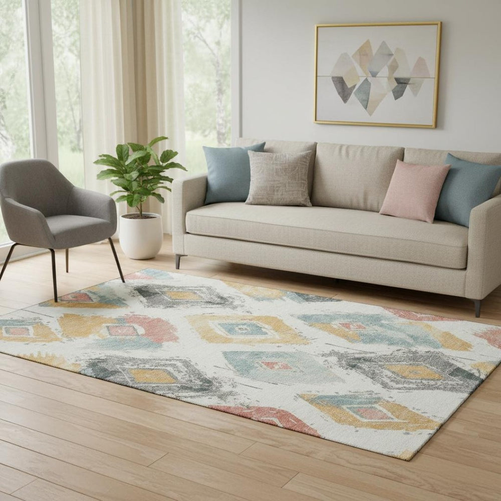 HomeRoots 5' X 8' Stylish Ivory Gold Blush Abstract Geometric Area Rug - Washable, UV Protected & Durable 696616