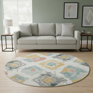 HomeRoots 8' Ivory Gold Blush Abstract Geometric Round Rug - Washable, UV Protected, Stain-Resistant Design! 696617