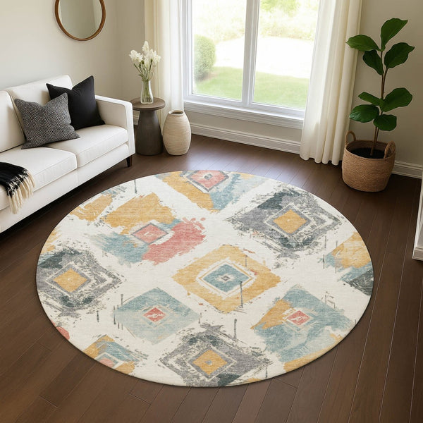 HomeRoots 8' Ivory Gold Blush Abstract Geometric Round Rug - Washable, UV Protected, Stain-Resistant Design! 696617