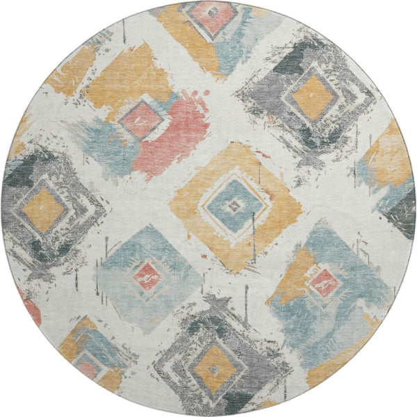 HomeRoots 8' Ivory Gold Blush Abstract Geometric Round Rug - Washable, UV Protected, Stain-Resistant Design! 696617