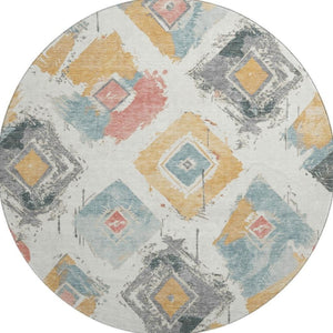 HomeRoots 8' Ivory Gold Blush Abstract Geometric Round Rug - Washable, UV Protected, Stain-Resistant Design! 696617