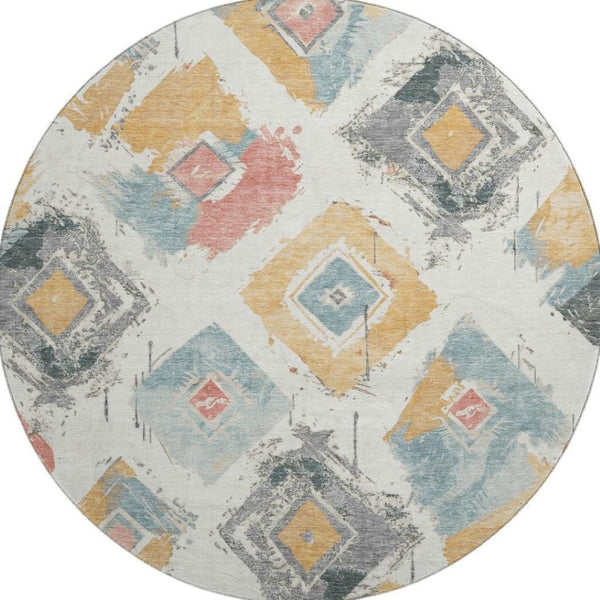HomeRoots 8' Ivory Gold Blush Abstract Geometric Round Rug - Washable, UV Protected, Stain-Resistant Design! 696617