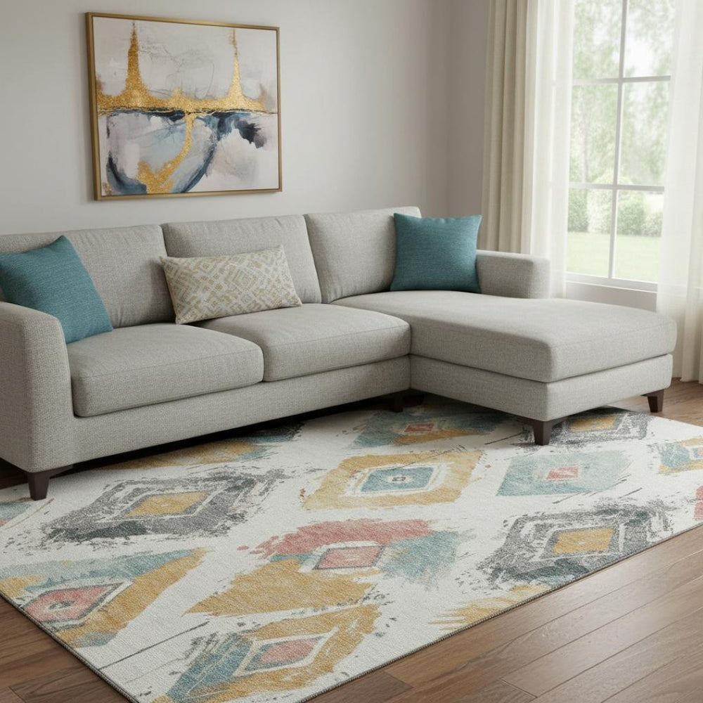 HomeRoots 8' X 10' Elegant Ivory Gold Blush Geometric Washable Area Rug - UV Protected, Non-Slip Design 696618