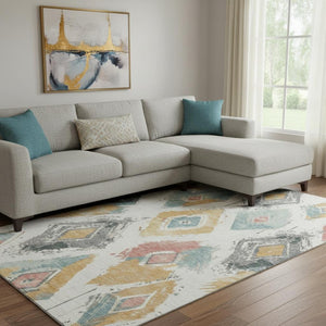 HomeRoots 8' X 10' Elegant Ivory Gold Blush Geometric Washable Area Rug - UV Protected, Non-Slip Design 696618