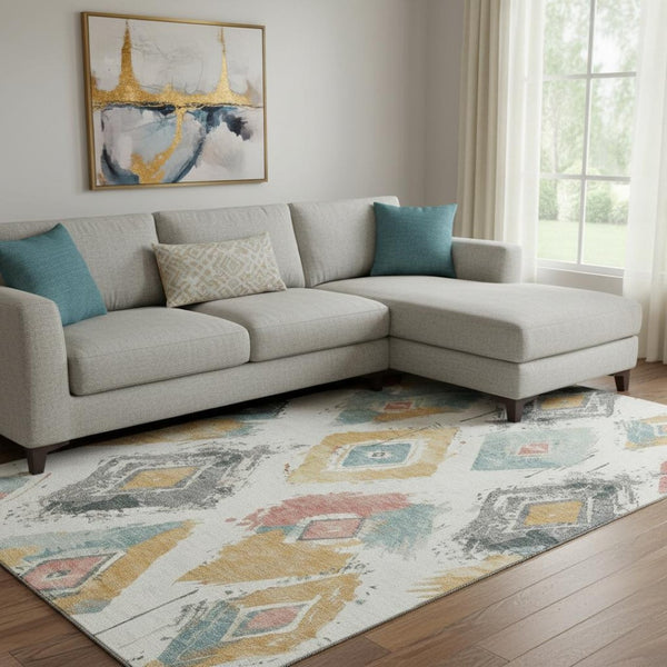 HomeRoots 8' X 10' Elegant Ivory Gold Blush Geometric Washable Area Rug - UV Protected, Non-Slip Design 696618