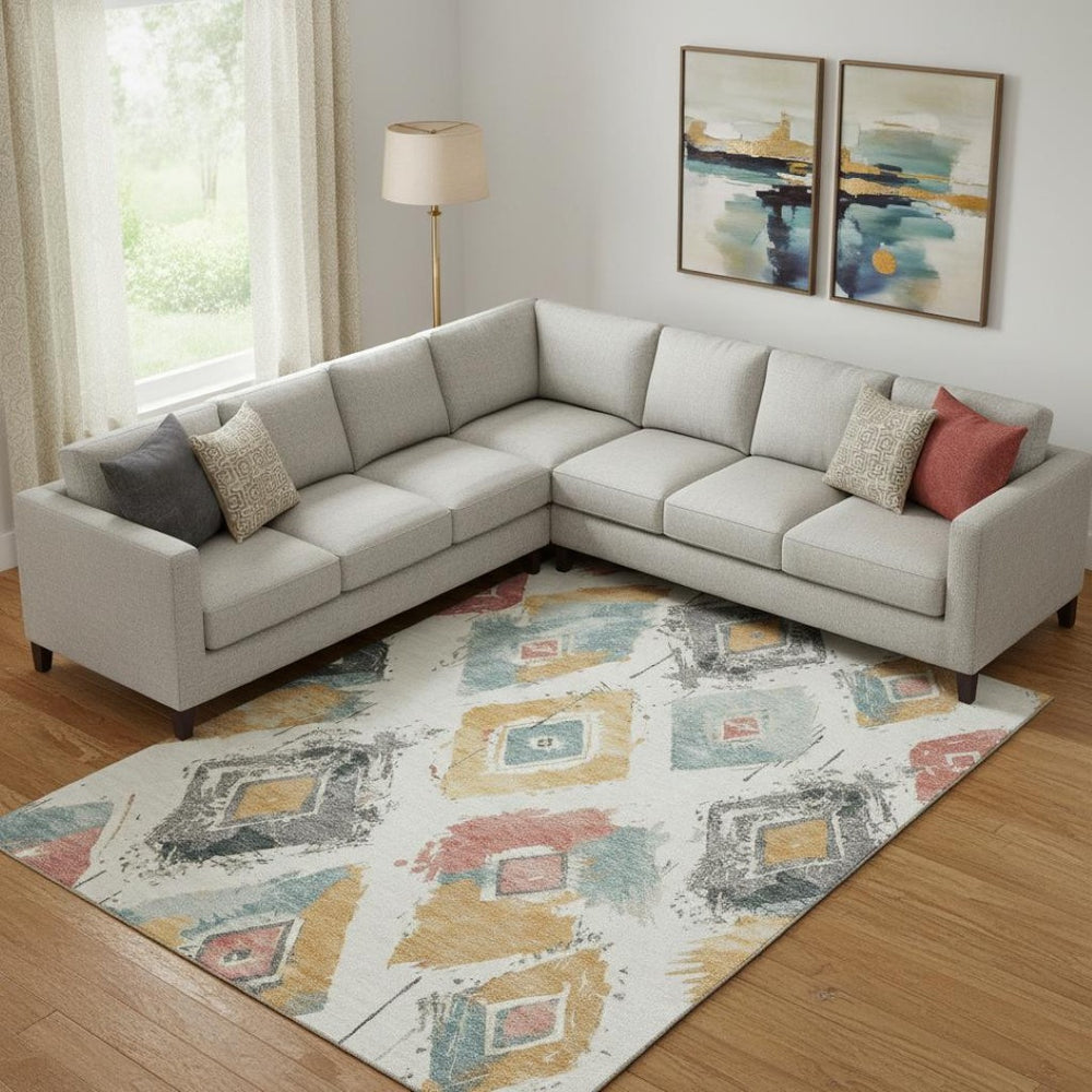HomeRoots 9' X 12' Ivory Gold Blush Abstract Geometric Area Rug - Washable, UV-Protected, Kid & Pet Friendly 696619