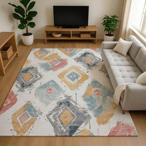 HomeRoots 10' X 14' Ivory Gold Blush Abstract Geometric Washable Area Rug - UV Protection & Stain Resistant 696620