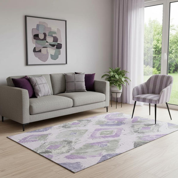 HomeRoots 5' X 8' Washable Lavender, Ivory & Gray Abstract Area Rug with UV Protection & Non-Slip Backing 696622
