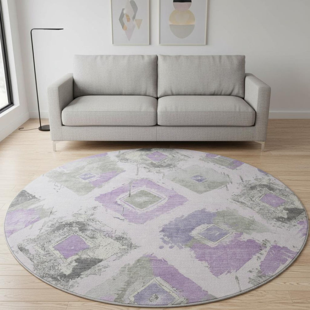HomeRoots 8' Stylish Lavender and Gray Abstract Round Rug - Washable, UV-Protected, Pet-Friendly Design! 696623