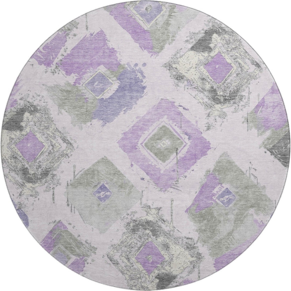 HomeRoots 8' Stylish Lavender and Gray Abstract Round Rug - Washable, UV-Protected, Pet-Friendly Design! 696623