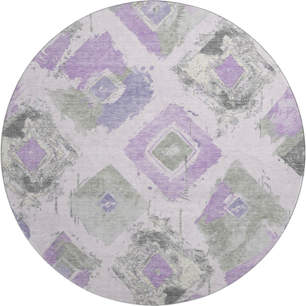 HomeRoots 8' Stylish Lavender and Gray Abstract Round Rug - Washable, UV-Protected, Pet-Friendly Design! 696623