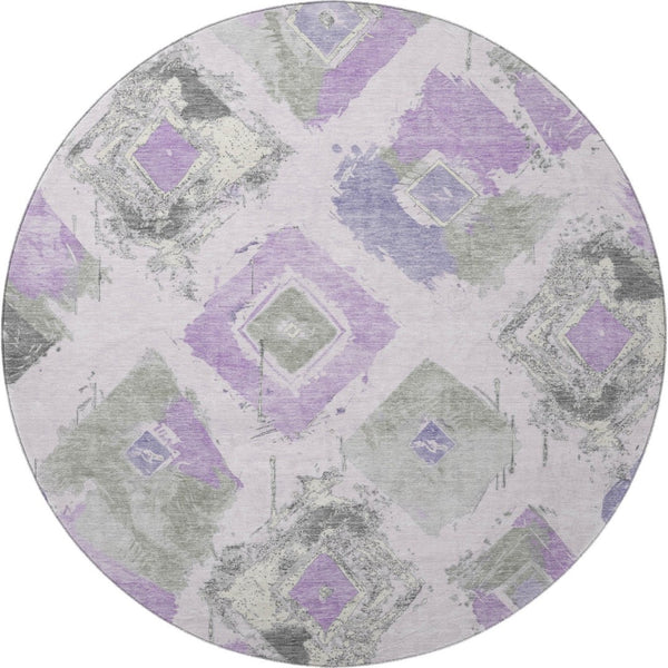 HomeRoots 8' Stylish Lavender and Gray Abstract Round Rug - Washable, UV-Protected, Pet-Friendly Design! 696623