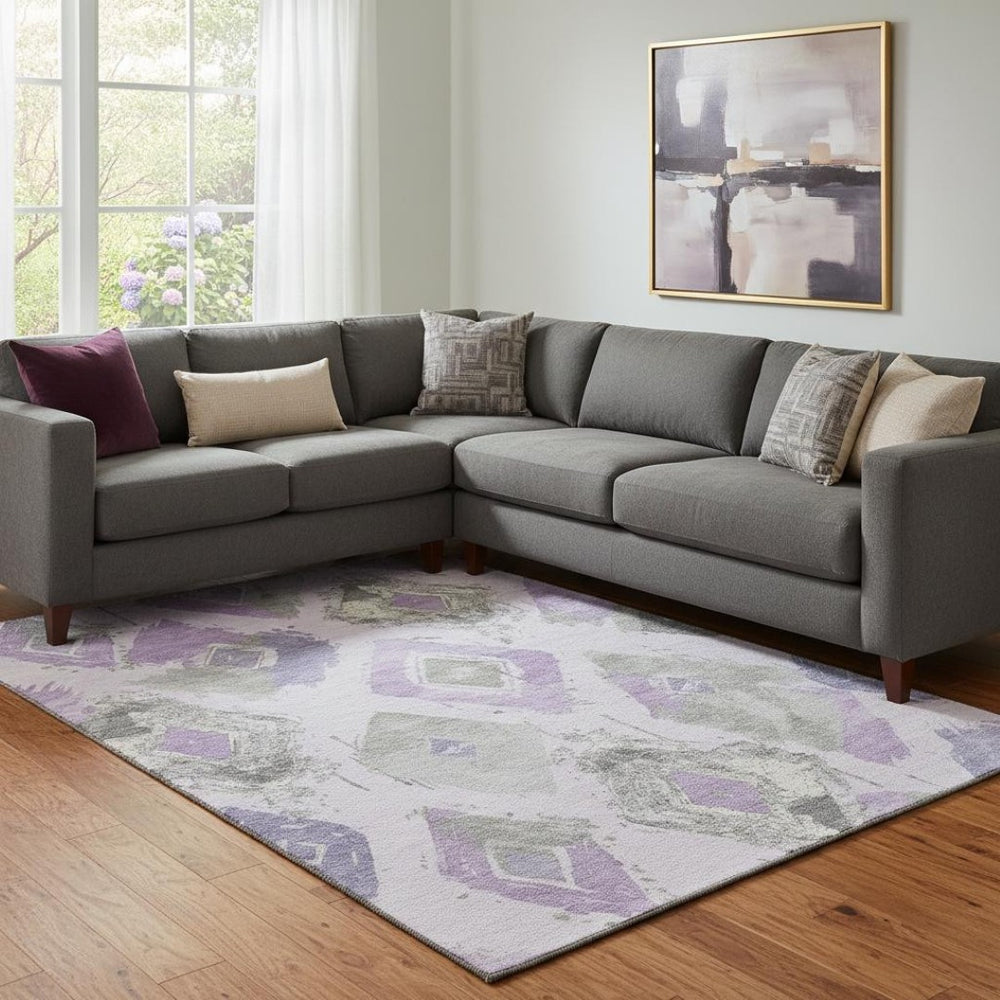 HomeRoots 8' X 10' Modern Abstract Geometric Area Rug in Lavender, Ivory & Gray – Washable & UV Resistant! 696624