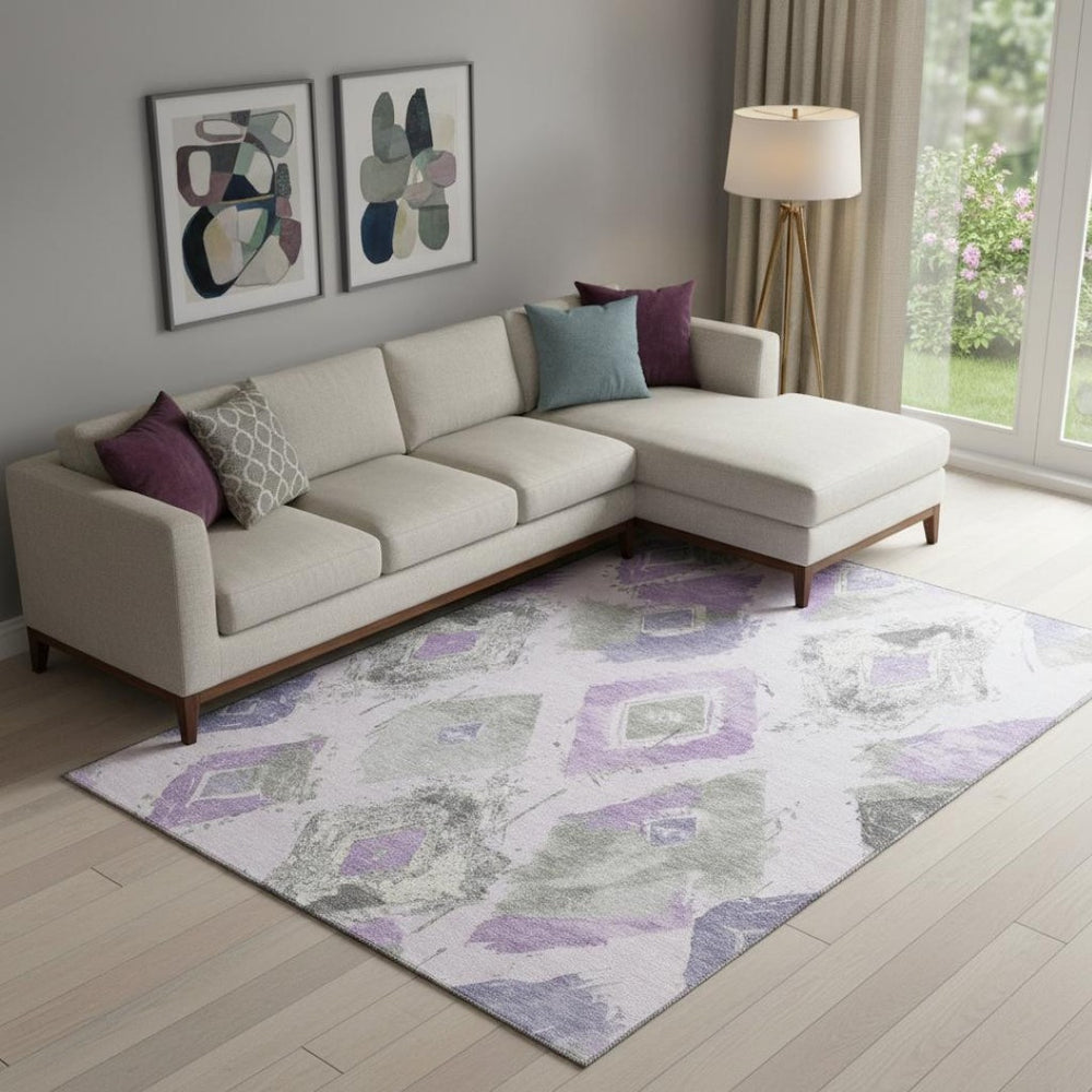HomeRoots 9' X 12' Stylish Lavender Ivory Gray Abstract Area Rug - Washable, UV-Protected, Stain-Resistant Design 696625