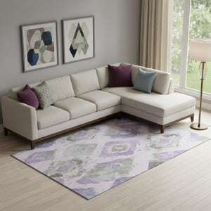HomeRoots 10' X 14' Abstract Geometric Area Rug in Lavender, Ivory & Gray - Washable, UV-Protected & Stylish! 696626