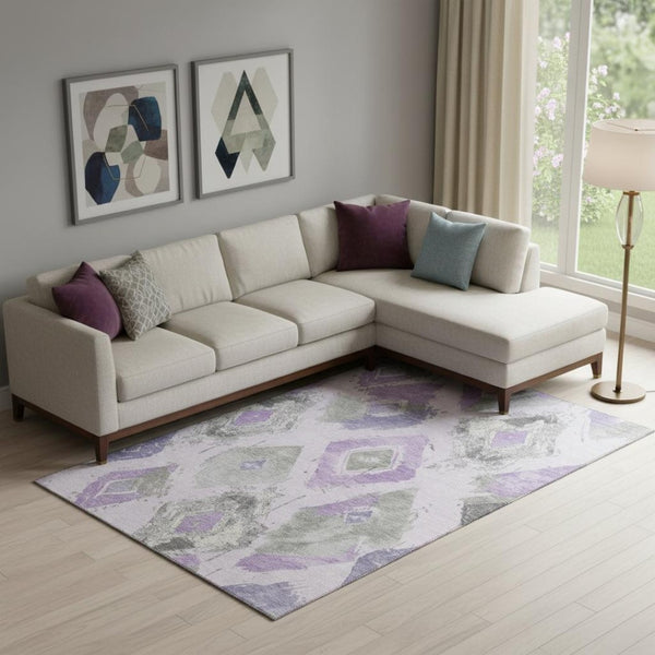 HomeRoots 10' X 14' Abstract Geometric Area Rug in Lavender, Ivory & Gray - Washable, UV-Protected & Stylish! 696626