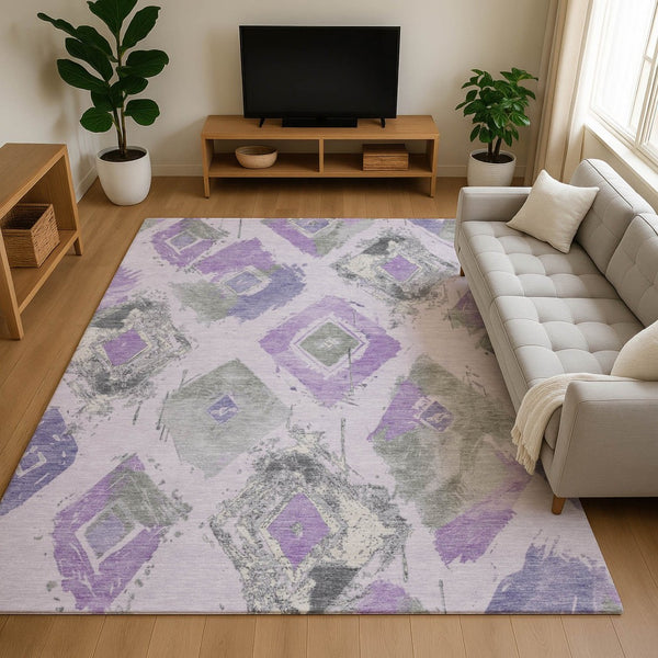 HomeRoots 10' X 14' Abstract Geometric Area Rug in Lavender, Ivory & Gray - Washable, UV-Protected & Stylish! 696626
