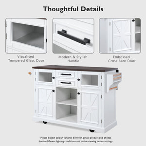 English Elm K&K 54.9" Farmhouse Kitchen Island Cart with Drop Leaf, Charging Station, Barn Doors & Glass Pane White N707P300277W