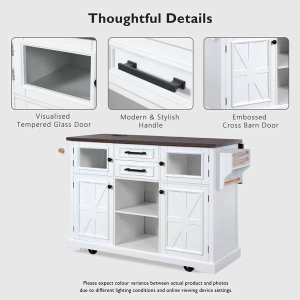 English Elm K&K 54.9" Farmhouse Kitchen Island Cart with Drop Leaf, Charging Station, Barn Doors & Glass Pane White N707P300277W