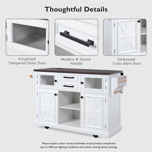 English Elm K&k Farmhouse Rolling Kitchen Island with Barn Doors Power Outlet and Drop Leaf White N707S300277W