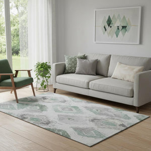 HomeRoots 5' X 8' Pale Aqua Gray and Ivory Abstract Geometric Washable Rug with UV Protection for Homes 696628