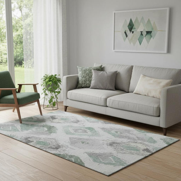 HomeRoots 5' X 8' Pale Aqua Gray and Ivory Abstract Geometric Washable Rug with UV Protection for Homes 696628