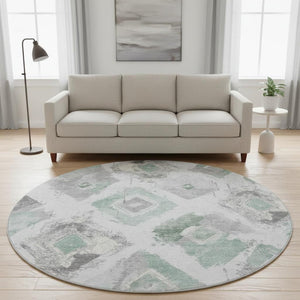 HomeRoots 8' Pale Aqua Gray and Ivory Abstract Geometric Round Rug - Washable, Durable, UV-Protected Design 696629