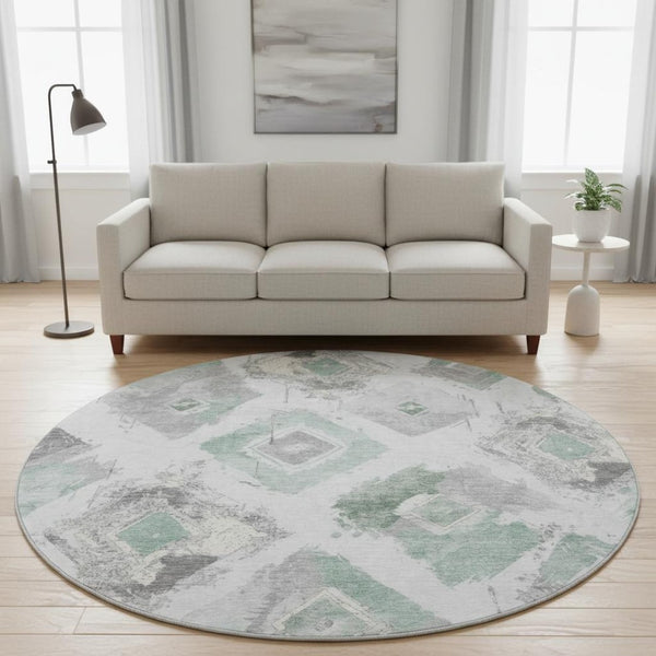 HomeRoots 8' Pale Aqua Gray and Ivory Abstract Geometric Round Rug - Washable, Durable, UV-Protected Design 696629