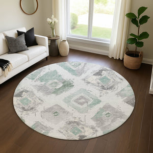 HomeRoots 8' Pale Aqua Gray and Ivory Abstract Geometric Round Rug - Washable, Durable, UV-Protected Design 696629